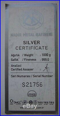 1 kilo. 999 solid fine silver bar with certificate guaranteed genuine 1000g