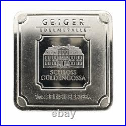 1 oz Geiger Silver Bar. 999 Fine Square Schloss Guldengossa Germany