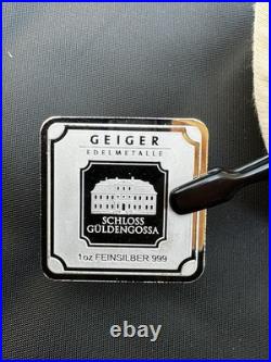 1 oz Geiger Silver Bar. 999 Fine Square Schloss Guldengossa Germany