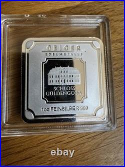 1 oz Geiger Silver Bar. 999 Fine Square Schloss Guldengossa Germany