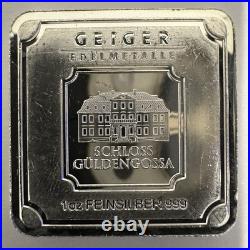 1 oz Geiger Silver Bar. 999 Fine Square Schloss Guldengossa Germany