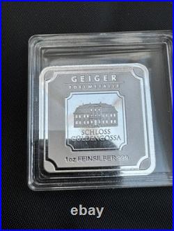 1 oz Geiger Silver Bar. 999 Fine Square Schloss Guldengossa Germany