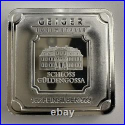 1 oz Geiger Silver Bar. 999 Fine Square Schloss Guldengossa Germany Ingot