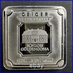 1 oz Geiger Silver Bar. 999 Fine Square Schloss Guldengossa Germany Ingot
