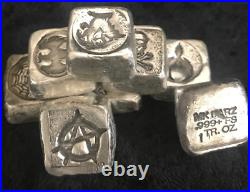 1 ozt MK BARZ Anarchy Stamped Cube. 999 Fine Silver