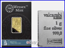 1 x 1 gram Silver Valcambi + 1 /1000th oz Solid Gold Bar 999 Bullion Britannia