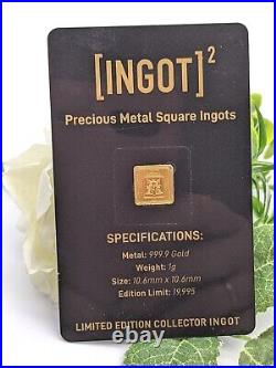 1g 999.9 Gold Proof Ingot. Pure Gold, Square Ingot. New, Unopen