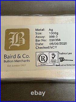 1kg 1000g 1 Kilo. 999 Solid Pure Silver Bullion Bar Baird mint London VAT FREE