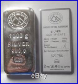 1kg / 1000g solid. 999 silver bar certificate + serial numbered -100% genuine