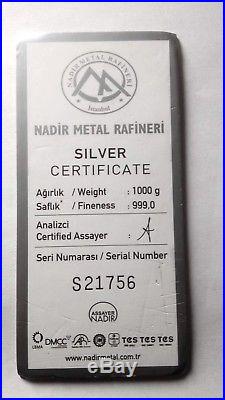 1kg / 1000g solid. 999 silver bar certificate + serial numbered -100% genuine