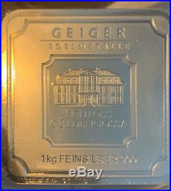 1kg Geiger Edelmetalle Square Fine Silver Bar 999 UV Secure 1000g Kilo COA NEW