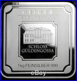 1kg Geiger Edelmetalle Square Fine Silver Bar 999 UV Secure 1000g Kilo COA NEW
