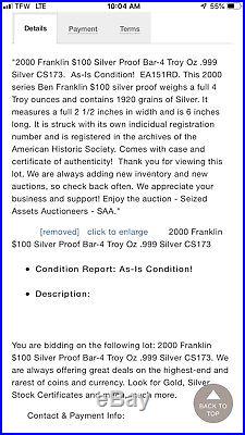 2000 Franklin $100 Solid Silver PROOF Bar Washington Mint 4 Troy Oz. 999
