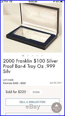 2000 Franklin $100 Solid Silver PROOF Bar Washington Mint 4 Troy Oz. 999