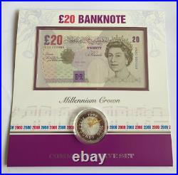 2000 Millennium £20 Banknote and £5 Solid Silver Crown Set in Album Complete
