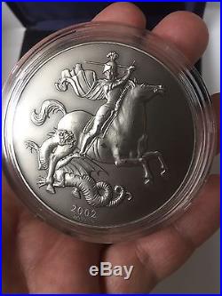 2002 George & The Dragon 5 OZ Antique Finish 999 Solid Silver Coin Cased & C. O. A
