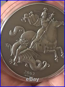 2002 George & The Dragon 5 OZ Antique Finish 999 Solid Silver Coin Cased & C. O. A