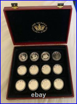 2002 Golden Jubilee Solid 925 Sterling Silver 12 PROOF Coin Set & COA's Case