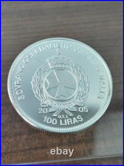 2005 Knights Of Malta, 1 oz, Solid Silver Coin, 100 Liras
