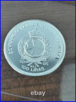 2005 Knights Of Malta, 1oz Solid Silver, Proof Coin, 100 Liras