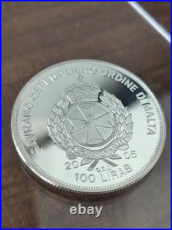 2005 Knights Of Malta, Solid Silver, 1 oz Coin, 100 Liras
