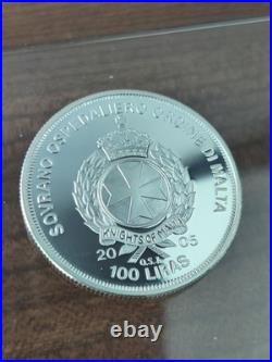 2005 Knights Of Malta, Solid Silver, 1oz, Coin, 100 Liras