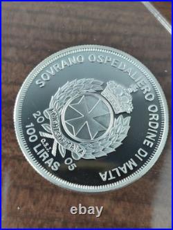2005 Knights Of Malta, Solid Silver, 1oz, Coin, 100 Liras