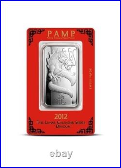 2012 PAMP Suisse Swiss 1 Oz. 999 Fine Silver Bar Lunar Dragon Sealed Assay