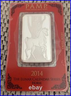 2014 PAMP Suisse Swiss 1 Oz. 999 Fine Silver Bar Lunar Horse Sealed In Assay
