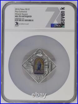 2016 1.606oz Palau S$10 Pisa Cathedral Miracle Square MS70 Antiqued (OB-144)