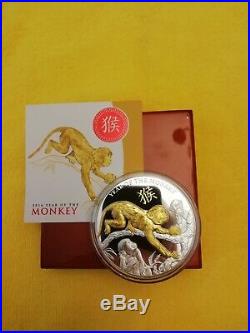 2016 Niue 5oz Solid Silver Proof $8 Coin Year Of The Monkey Gold Highlighted