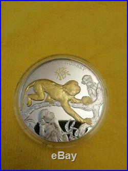 2016 Niue 5oz Solid Silver Proof $8 Coin Year Of The Monkey Gold Highlighted