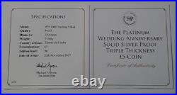 2017 TDC £5 SOLID SILVER PROOF TRIPLE THICKNESS 75g PLATINUM WEDDING ANNI + COA
