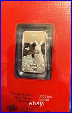 2023 PAMP Swiss 10g. 999 Silver Bar Rabbit Lunar Calendar Series Assay Card