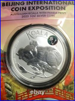 2025 1oz Solid SILVER Coin BEIJING INTERNATIONAL EXPO KOALA WITH PANDA PRIVY