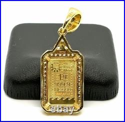 24K Gold Britannia 1g Gold Bar Pendant Sterling Silver 925 CZ Halo Unisex Gift