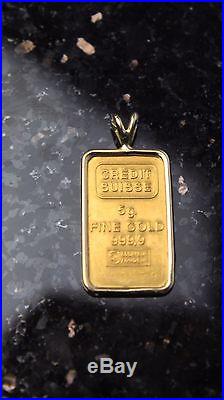 24k CREDIT SUISSE 5g Grams SOLID Gold BAR PENDANT 14k Bezel Pendant Or Necklace
