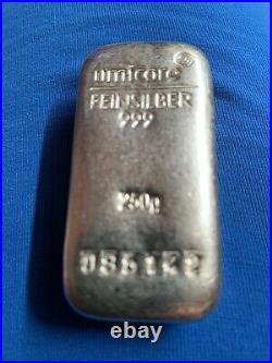 250 Gram Umicore Cast 999 Solid Silver Bullion Bar