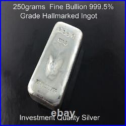 250 Grams Fine Grade 999.5 Solid Silver Bullion Hallmarked Ingot Investment Bar