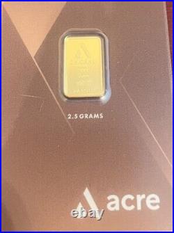 2.5 Grams PURE 24K GOLD Acre 999.9 Bullion Certified Single Bar Limited Edition