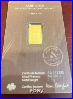 2.5 Grams PURE 24K GOLD Acre 999.9 Bullion Certified Single Bar Limited Edition
