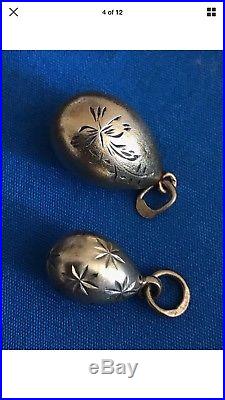 2 Antique Russian Gold Gilded Solid Silver Faberge Type Eggs Pendant Marked 84 &