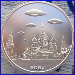 2 oz. UFO'S over the KREMLIN Red Square thick alien round. 999 fine silver