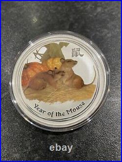 2oz Year Of The Mouse 2008.999 Solid Silver Lunar Series 2 Coloured Coin RARE