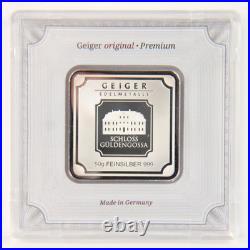 50 Gram. 999 Fine Silver Bullion Bar Geiger Original Square Sealed in Case