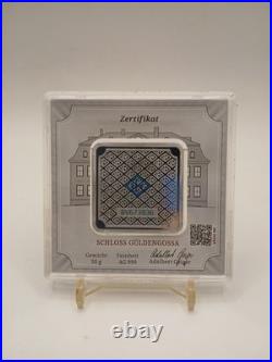 50 gram. 999 Silver Bar Geiger Edelmetalle (Original Square Assay)
