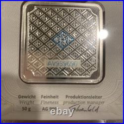 50 gram Silver Bar Geiger Edelmetalle (Original Square Assay) Security Line
