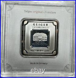 50g Silver Geiger Edelmetalle Square German Bar Serialized And Sealed In Assay