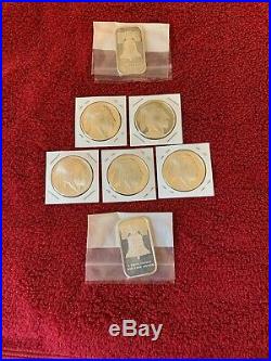 (5) Buffalo 1oz Troy. 999 Fine Solid Silver Coins & (2) 1oz Liberty Bell Bars