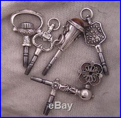 5 FIVE SOLID SILVER 0.800 Keys Incl. A Crank One For Antique Watches PERFECT
